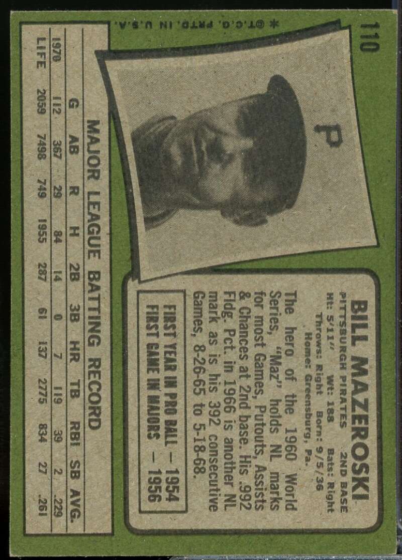Bill Mazeroski Card 1971 Topps #110  Image 2