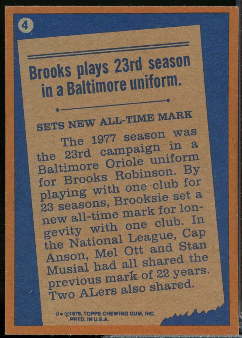 Brooks Robinson RB Card 1978 Topps #4  Image 2
