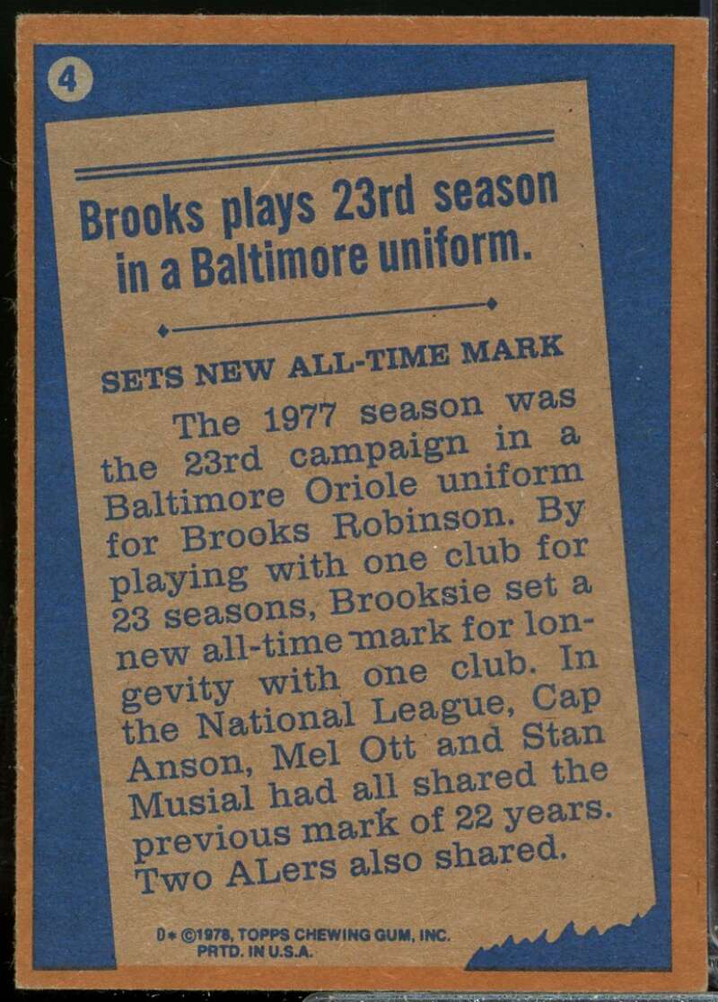 Brooks Robinson RB Card 1978 Topps #4  Image 2