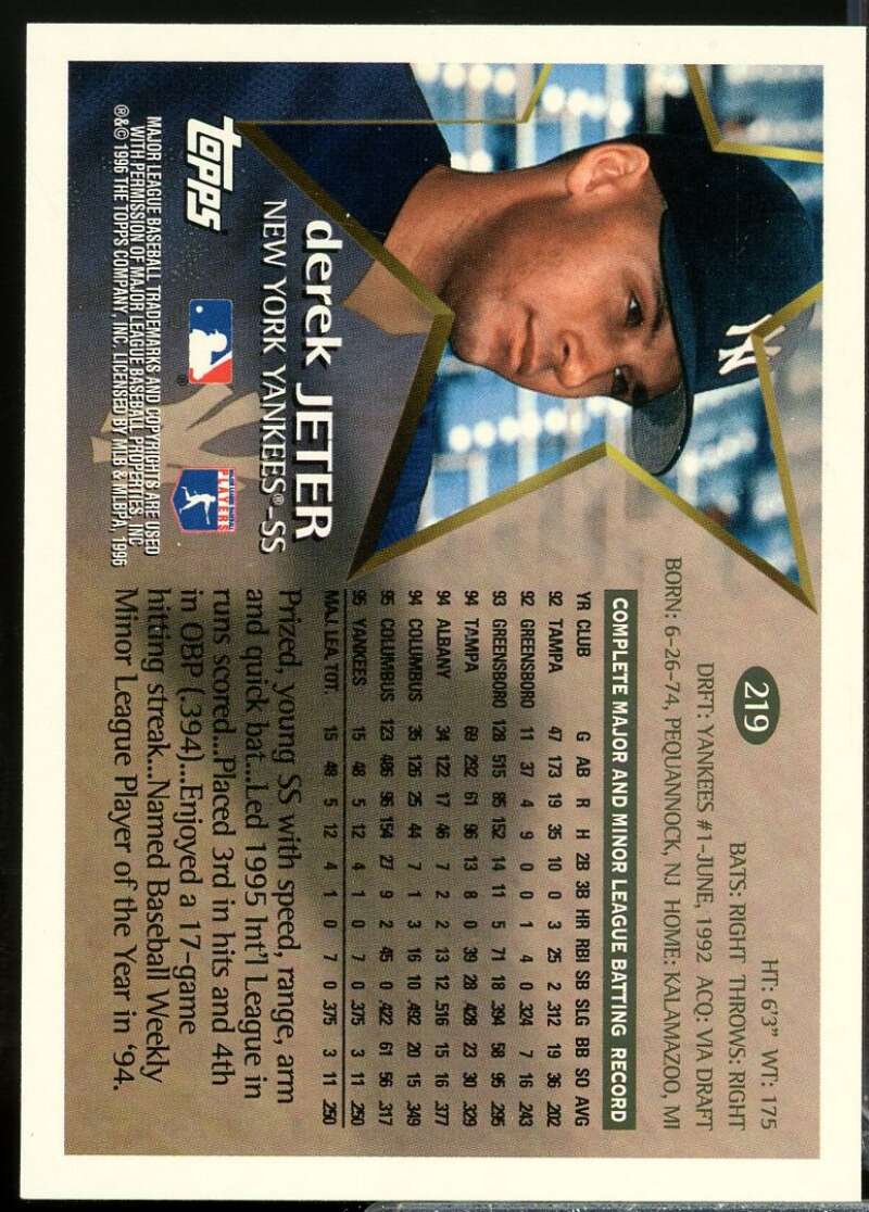 Derek Jeter Future Star Card 1996 Topps #219  Image 2