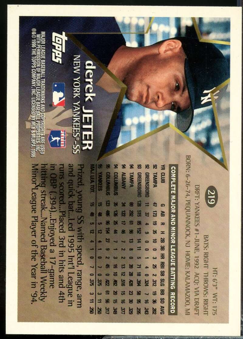 Derek Jeter Future Star Card 1996 Topps #219  Image 2