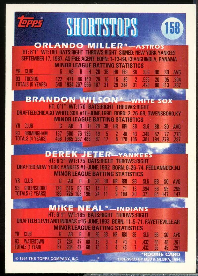 Orlando Miller/Brandon Wilson/Derek Jeter/Mike Neal UER Card 1994 Topps #158  Image 2