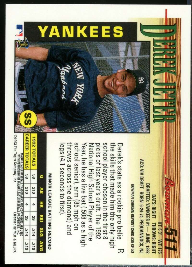 Derek Jeter Rookie Card 1993 Bowman #511  Image 2