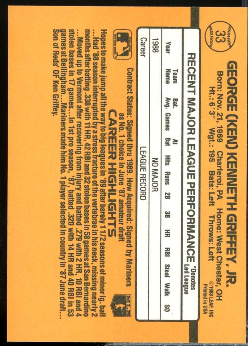 Ken Griffey Jr. Rookie Card 1989 Donruss #33  Image 2