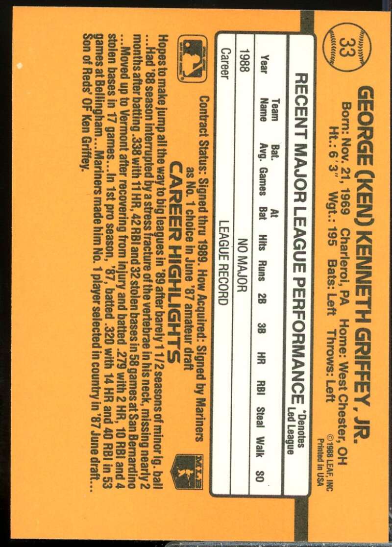 Ken Griffey Jr. Rookie Card 1989 Donruss #33  Image 2