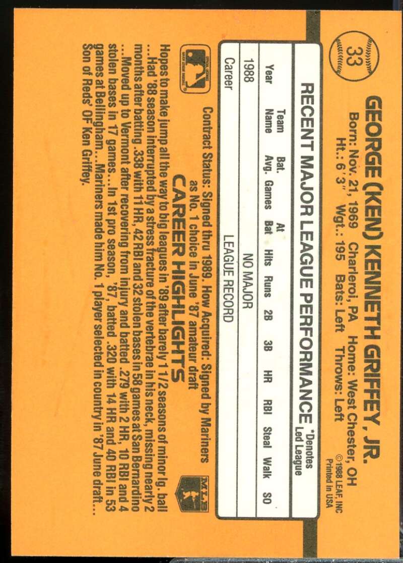 Ken Griffey Jr. Rookie Card 1989 Donruss #33  Image 2