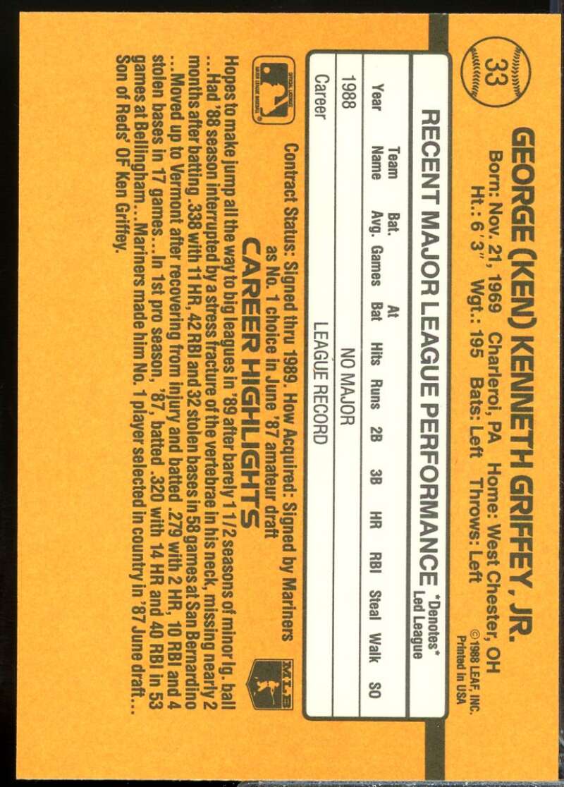 Ken Griffey Jr. Rookie Card 1989 Donruss #33  Image 2