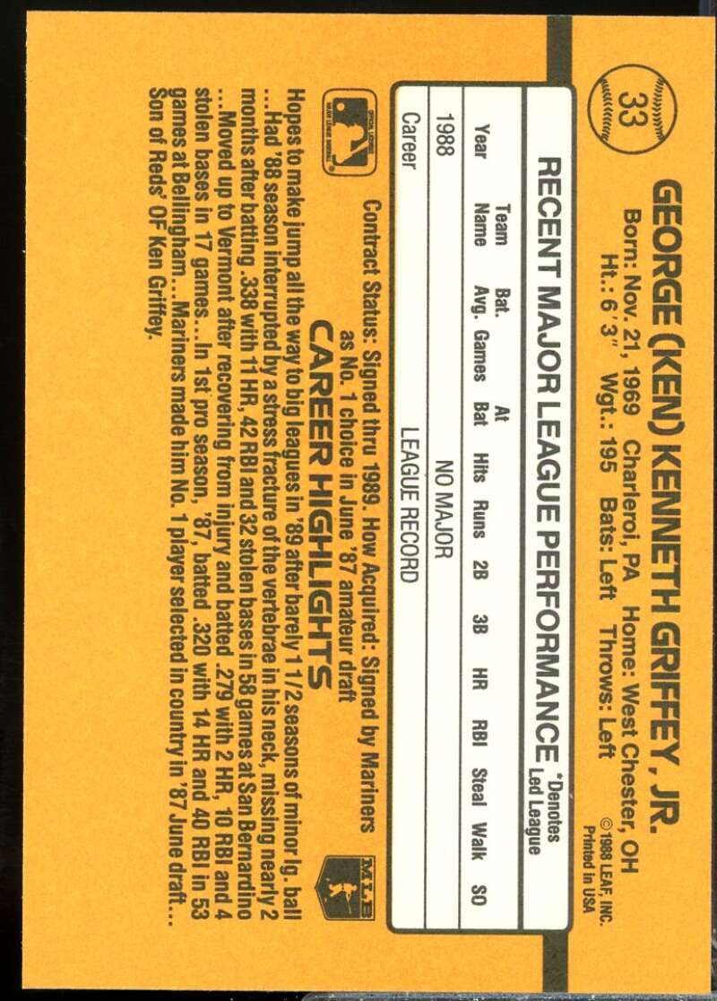 Ken Griffey Jr. Rookie Card 1989 Donruss #33  Image 2