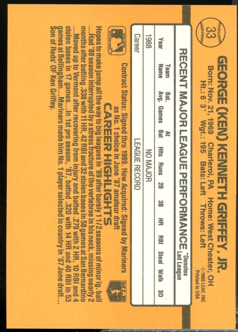 Ken Griffey Jr. Rookie Card 1989 Donruss #33  Image 2