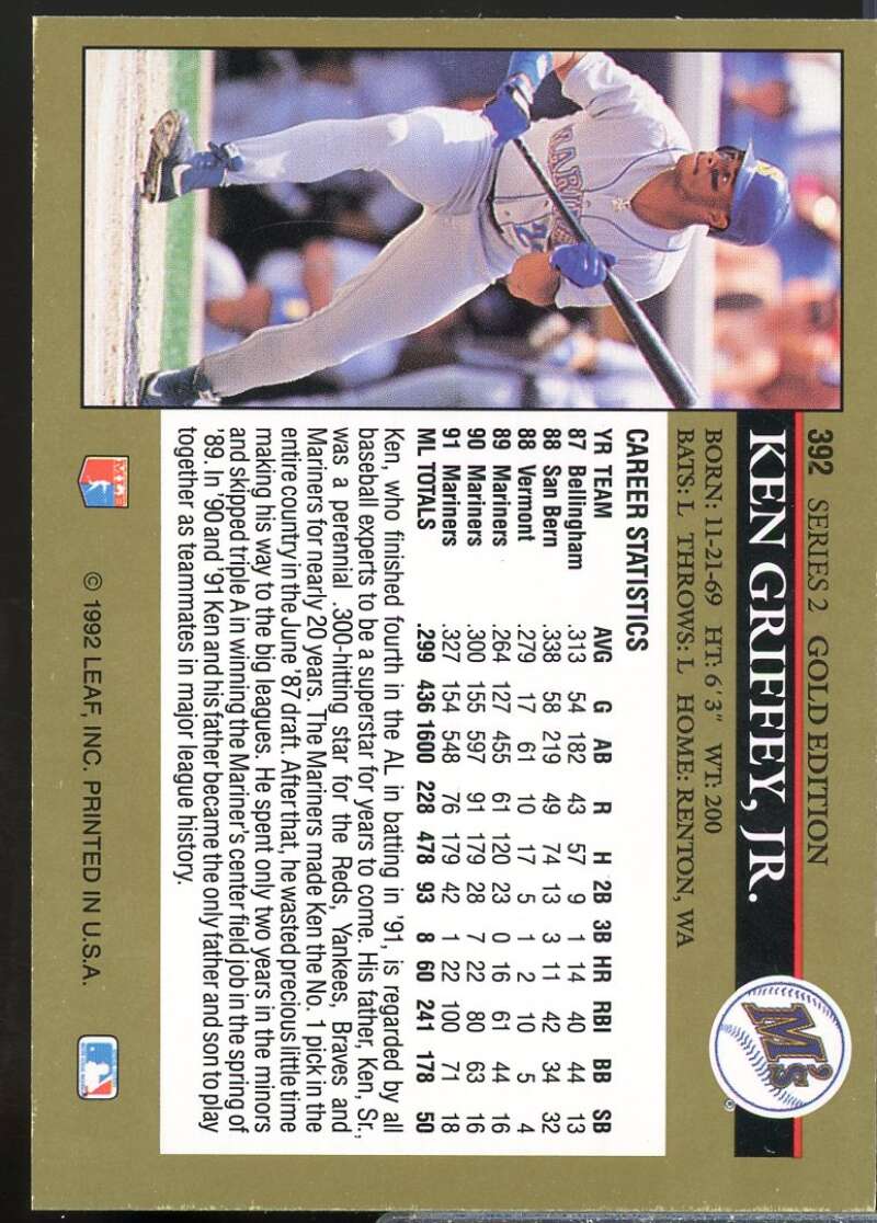 Ken Griffey Jr. Card 1992 Leaf Black Gold #392  Image 2