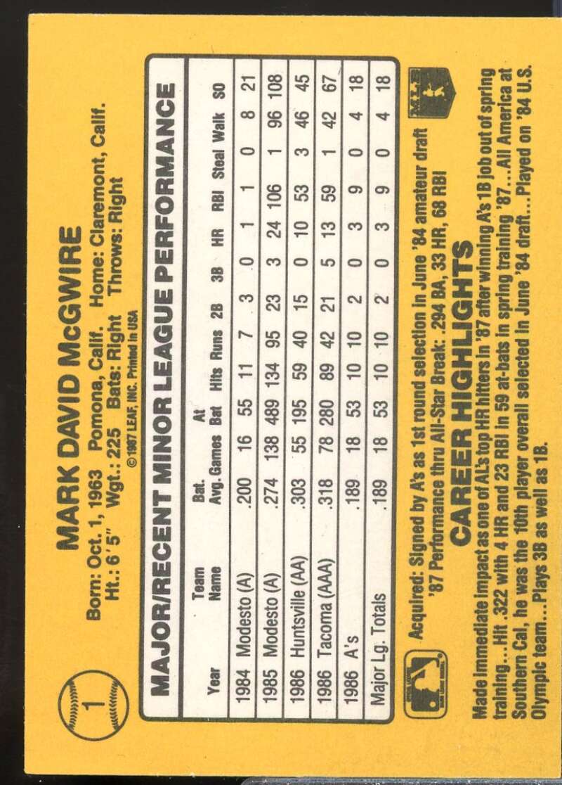 Mark McGwire Card 1987 Donruss Rookies #1  Image 2