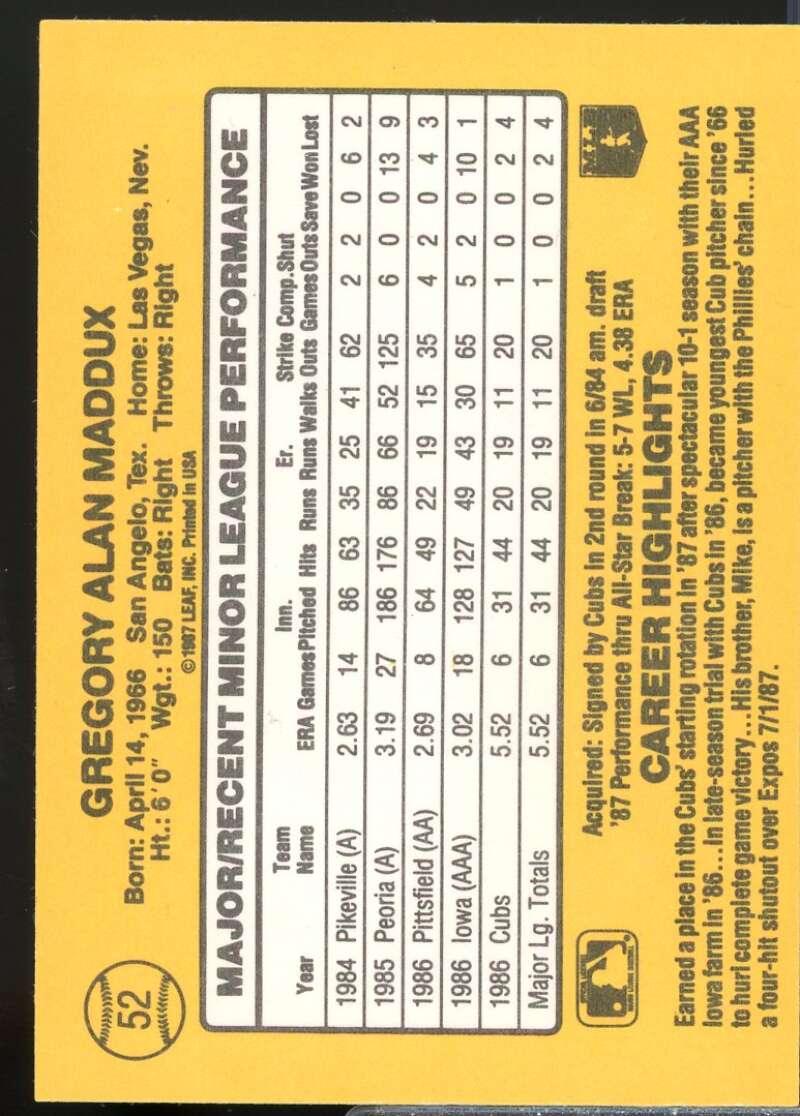 Greg Maddux Rookie Card 1987 Donruss Rookies #52  Image 2