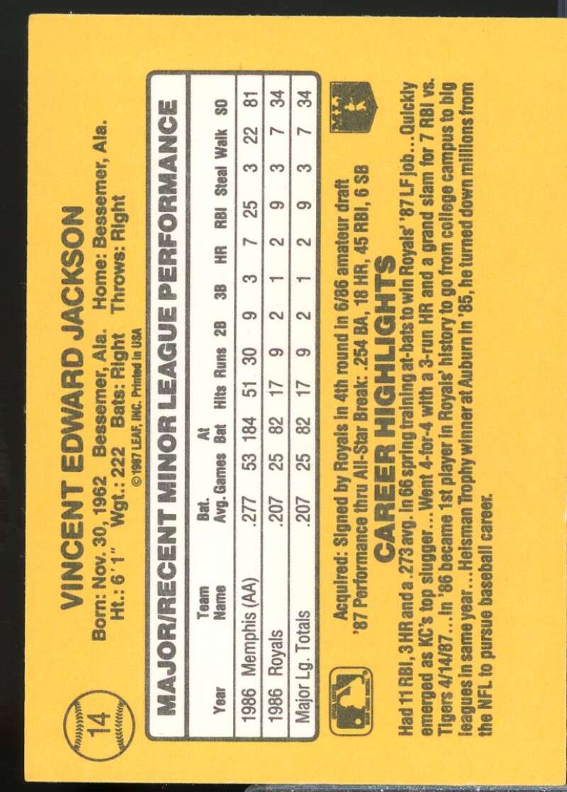 Bo Jackson Card 1987 Donruss Rookies #14  Image 2