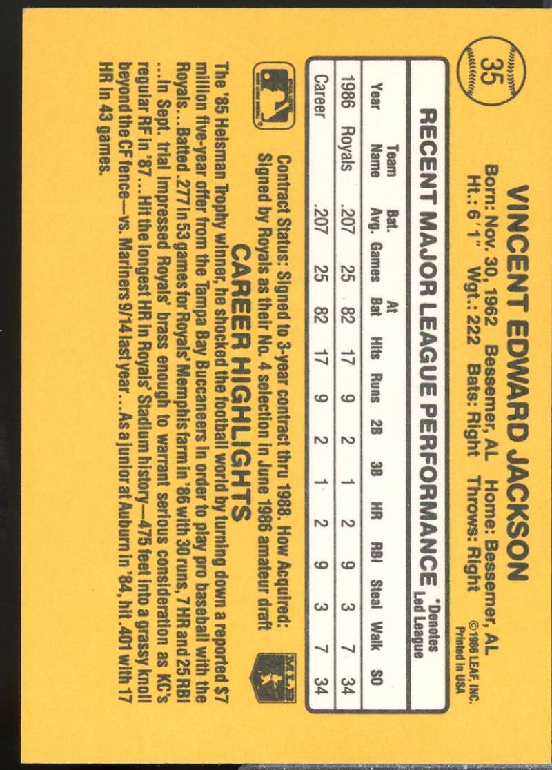 Bo Jackson Rookie Card 1987 Donruss #35  Image 2