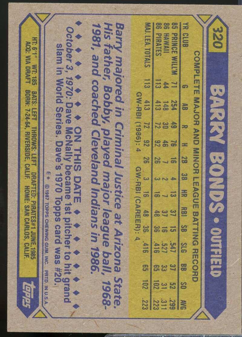 Barry Bonds Rookie Card 1987 Topps #320  Image 2