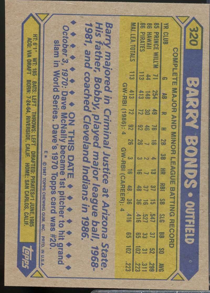 Barry Bonds Rookie Card 1987 Topps #320  Image 2