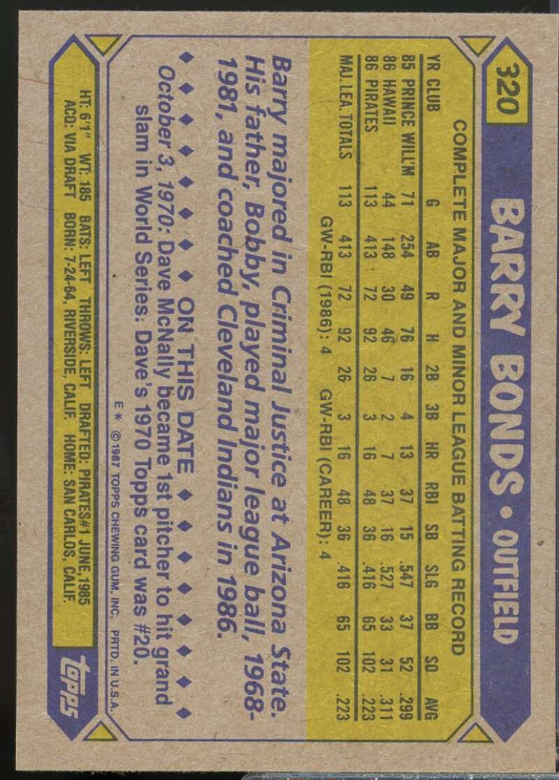 Barry Bonds Rookie Card 1987 Topps #320  Image 2
