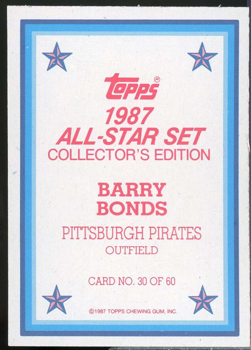 Barry Bonds Rookie Card 1987 Topps Glossy Send-Ins #30  Image 2