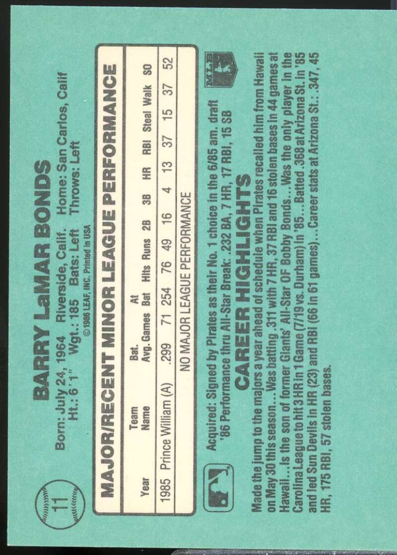 Barry Bonds XRC Card 1986 Donruss Rookies #11  Image 2