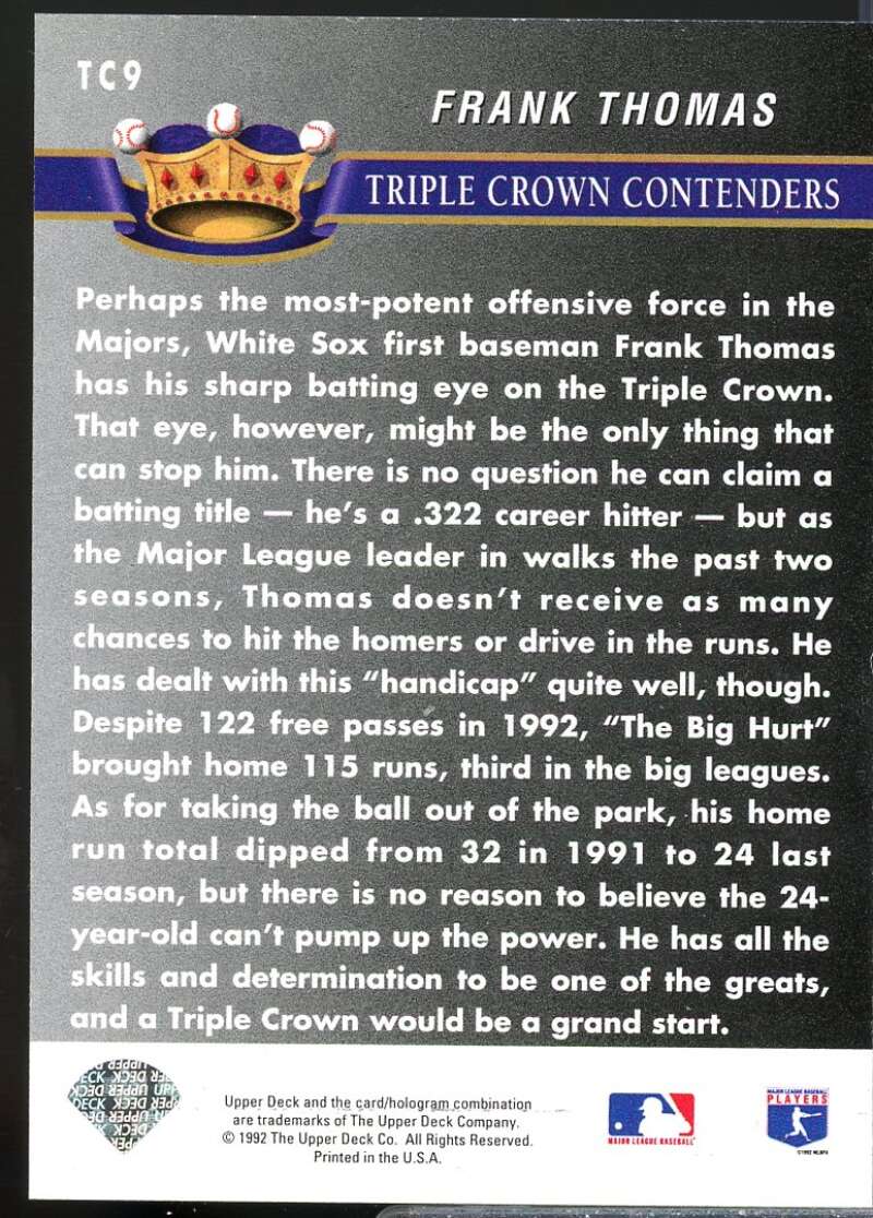 Frank Thomas Card 1993 Upper Deck Triple Crown #TC9  Image 2