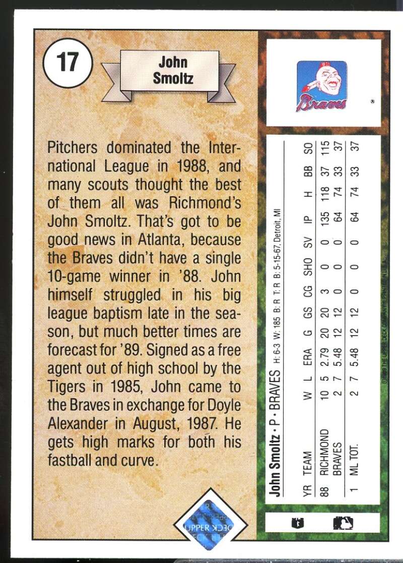 John Smoltz Rookie Card 1989 Upper Deck #17  Image 2
