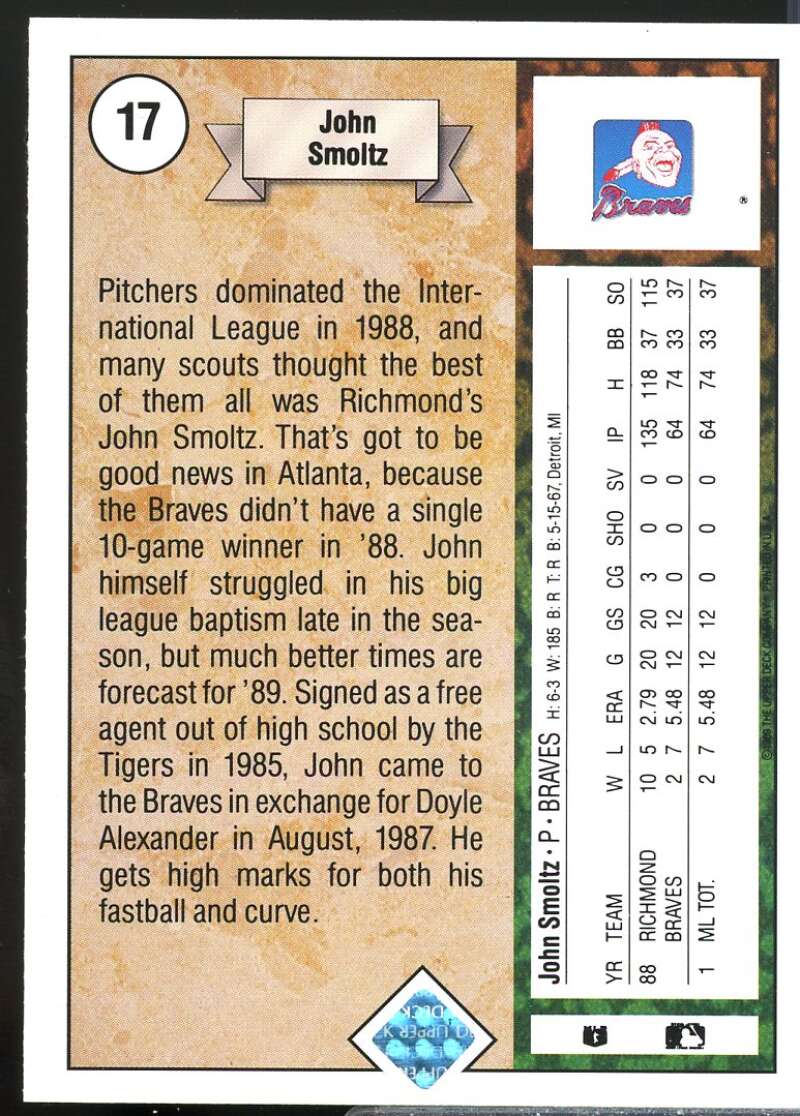 John Smoltz Rookie Card 1989 Upper Deck #17  Image 2