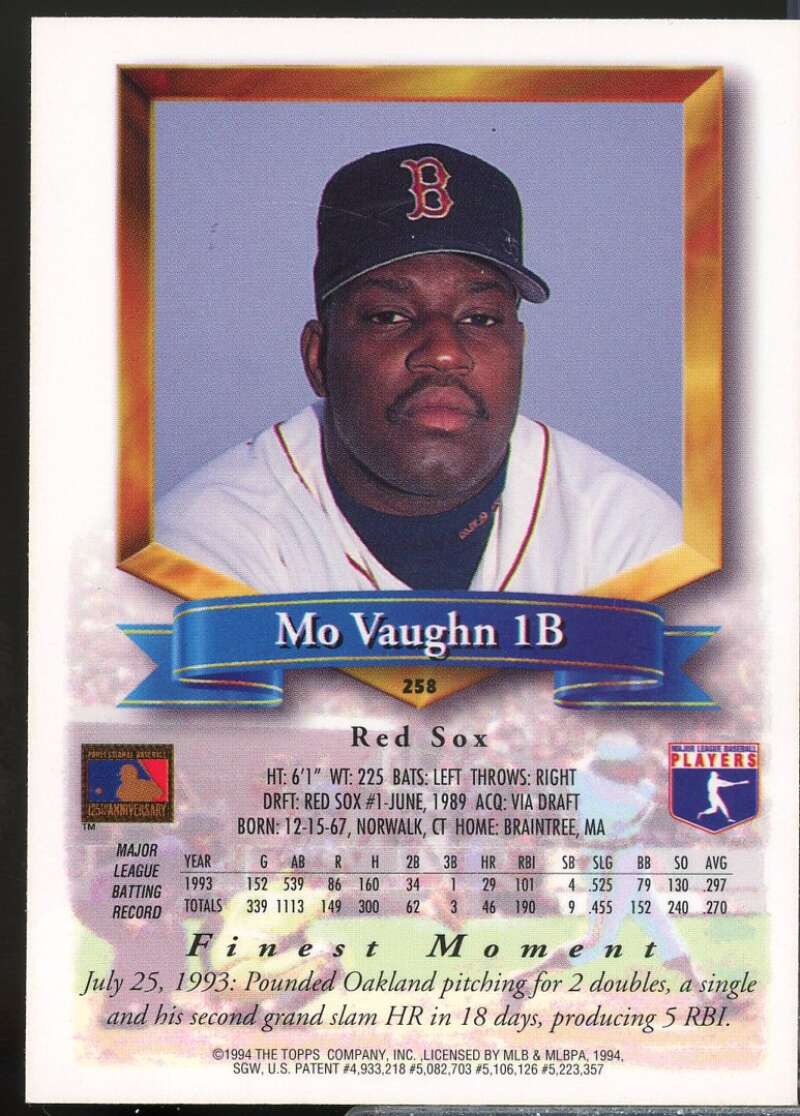 Mo Vaughn Card 1994 Finest Refractors #258  Image 2