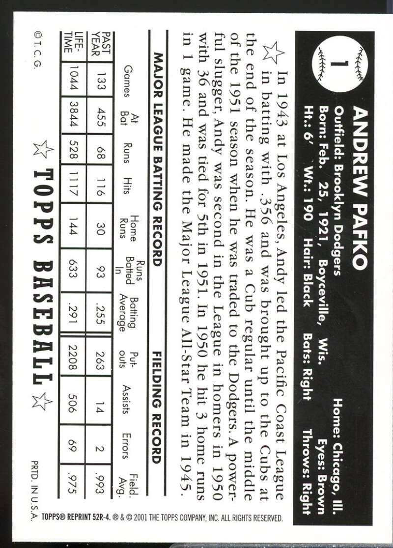 Andy Pafko Card 2002 Topps '52 Reprints #52R4  Image 2