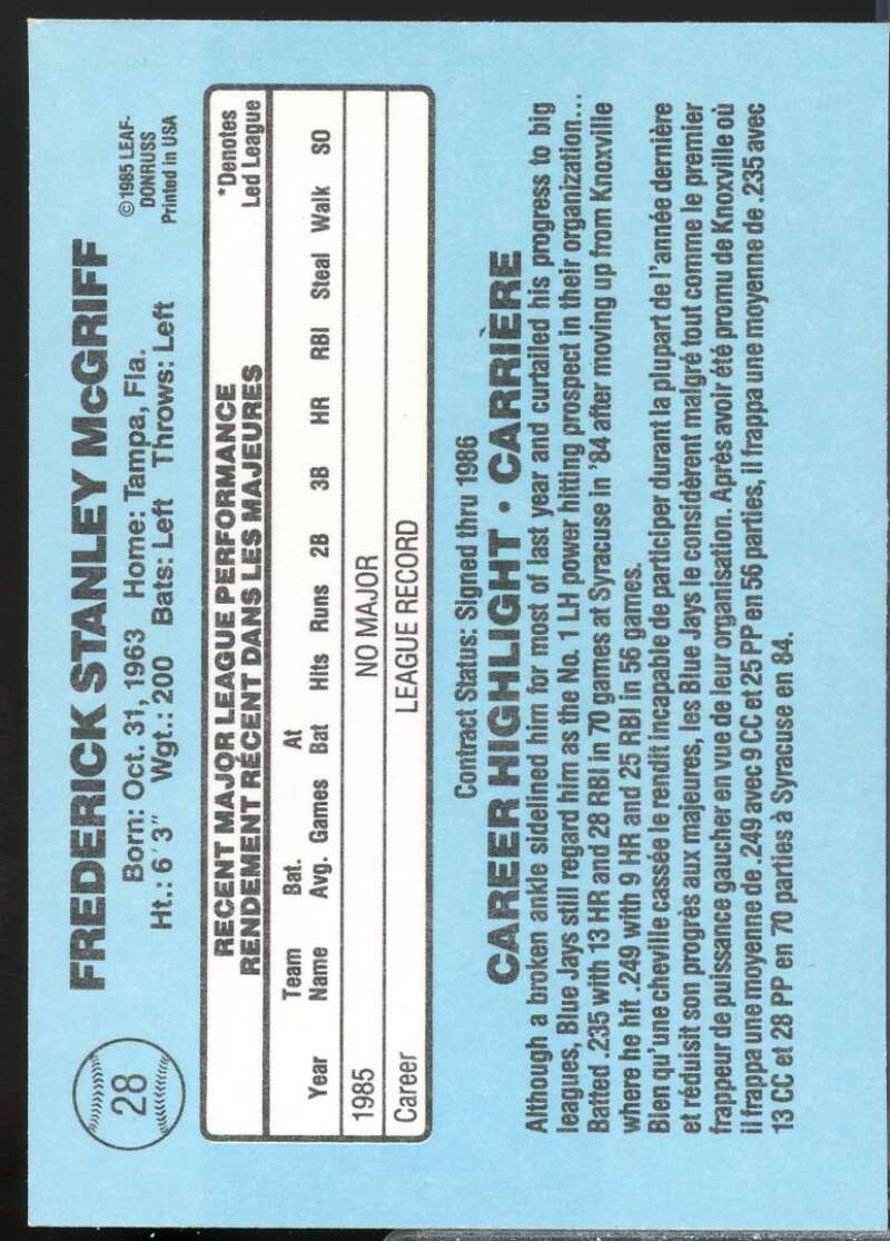 Fred McGriff Rookie Card 1986 Leaf/Donruss #28  Image 2