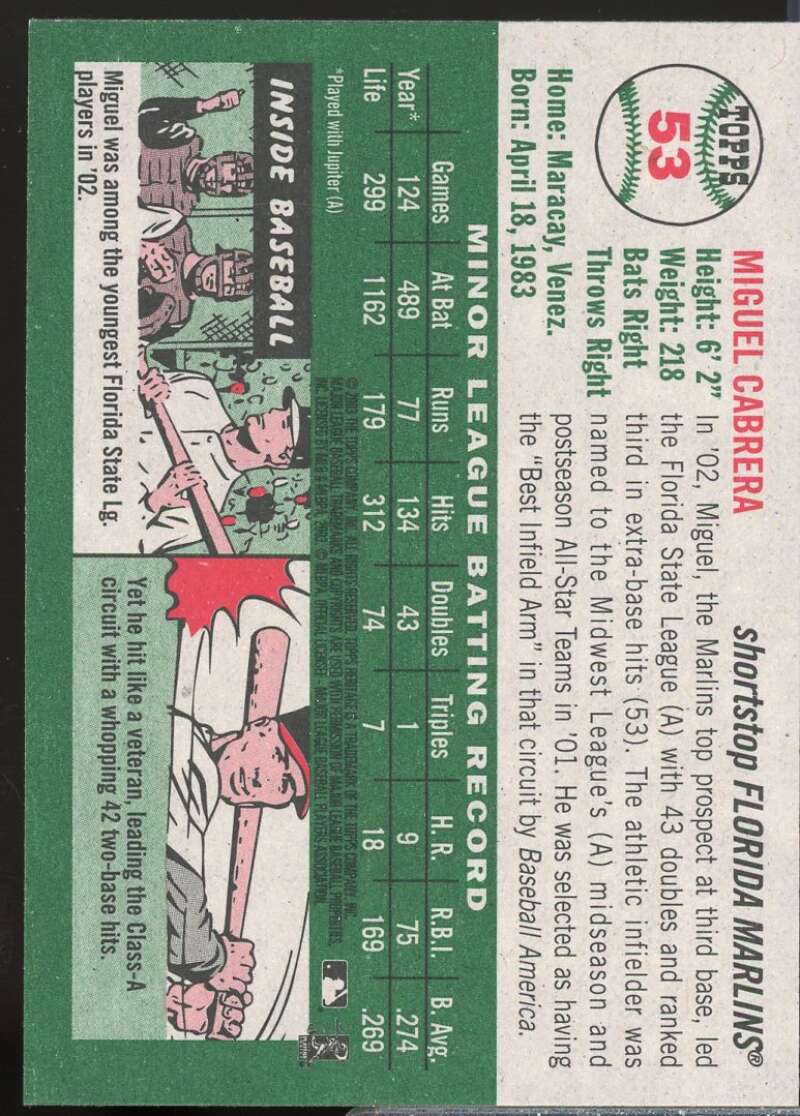 Miguel Cabrera Card 2003 Topps Heritage #53  Image 2