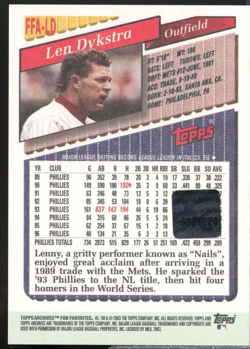 Lenny Dykstra Card 2003 Topps All-Time Fan Favorites Archives Autographs #LD  Image 2