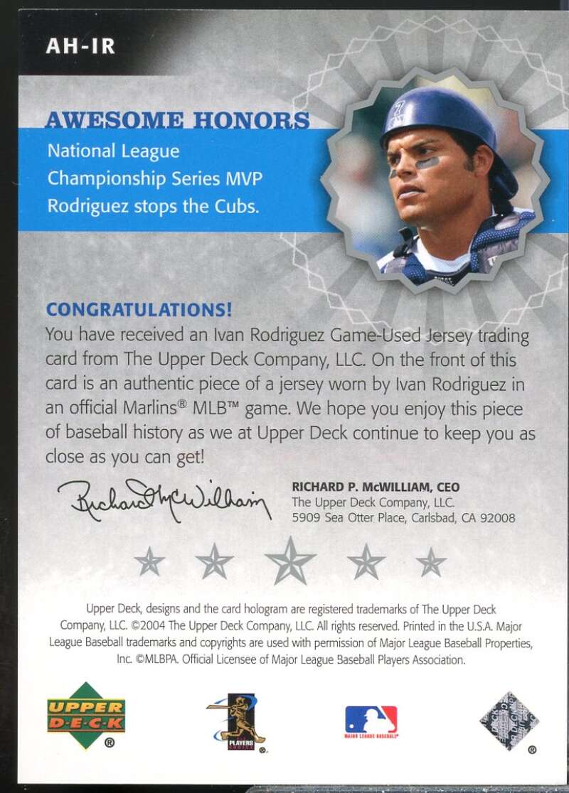 Ivan Rodriguez NLCS MVP Card 2004 Upper Deck Awesome Honors Jersey #IR  Image 2