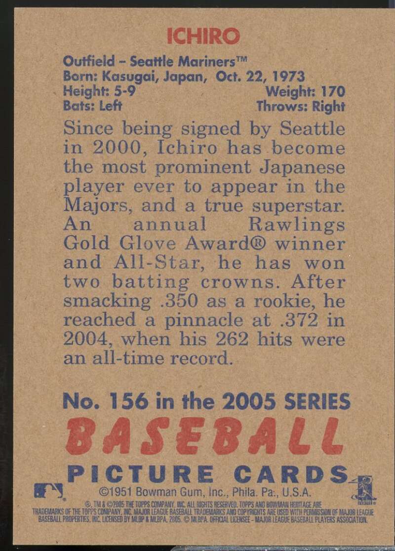 Ichiro Suzuki Card 2005 Bowman Heritage Mahogany #156  Image 2