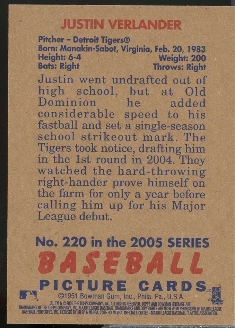 Justin Verlander FY Rookie Card 2005 Bowman Heritage #220  Image 2