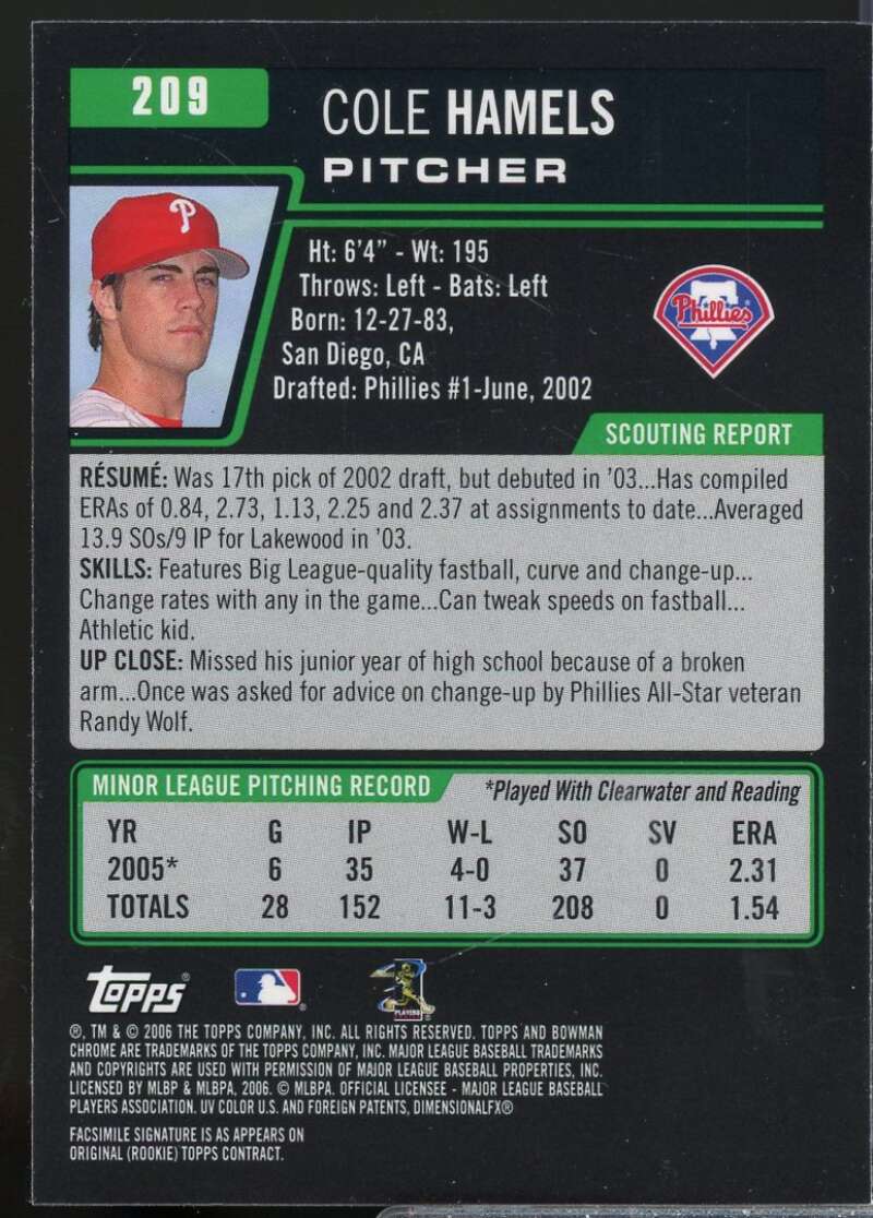 Cole Hamels Rookie Card 2006 Bowman Chrome #209  Image 2