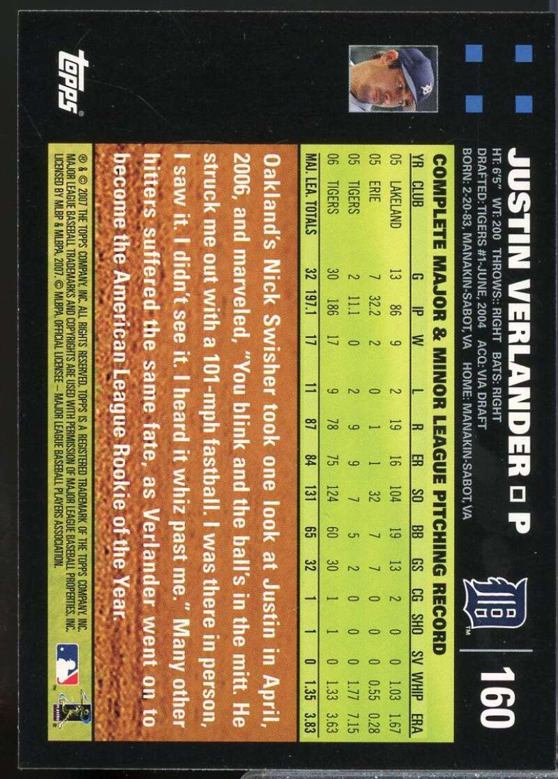 Justin Verlander Card 2007 Topps #160  Image 2