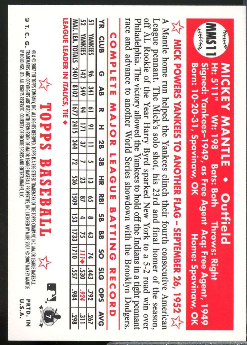 Mickey Mantle Card 2007 Topps Chrome  Story #MMS11  Image 2
