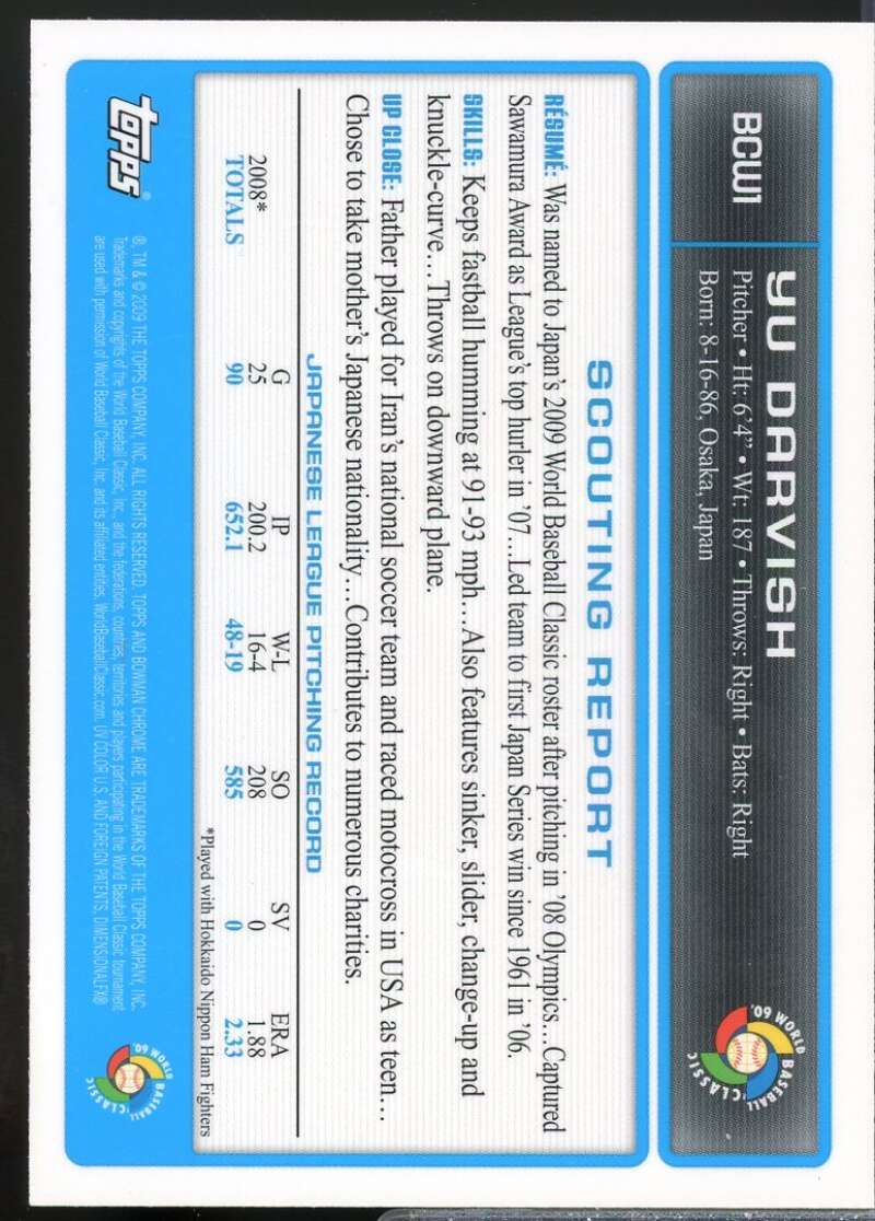 Yu Darvish Rookie Card 2009 Bowman Chrome WBC Prospects #BCW1  Image 2