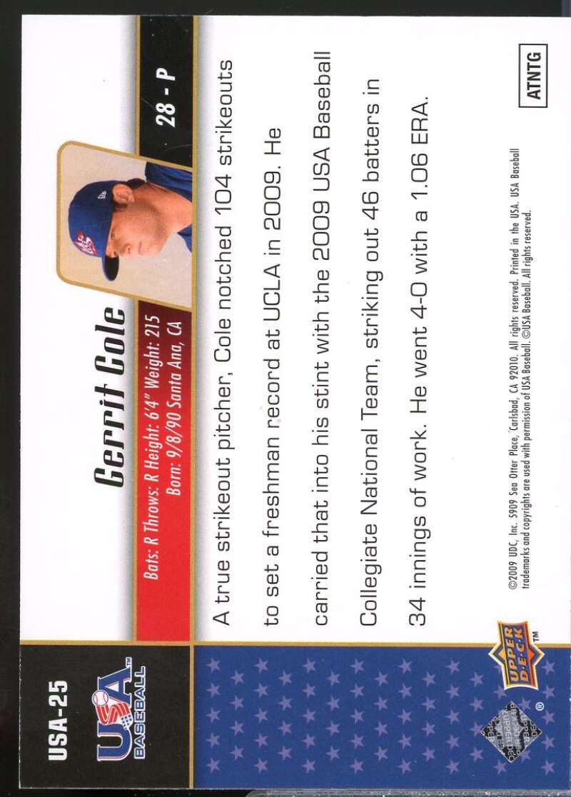 Gerrit Cole Rookie Card 2009 Upper Deck Stars USA Star Prospects #25  Image 2