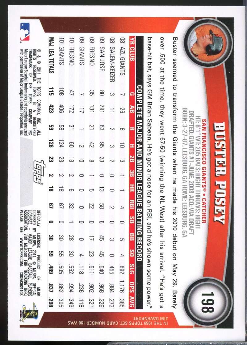 Buster Posey Card 2011 Topps #198A  Image 2