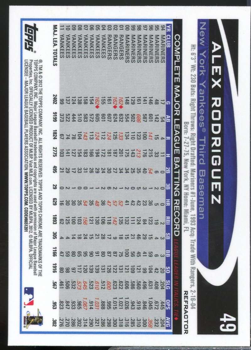 Alex Rodriguez Card 2012 Topps Chrome Purple Refractors #49  Image 2