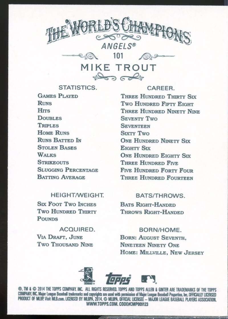 Mike Trout Card 2014 Topps Allen and Ginter #101  Image 2