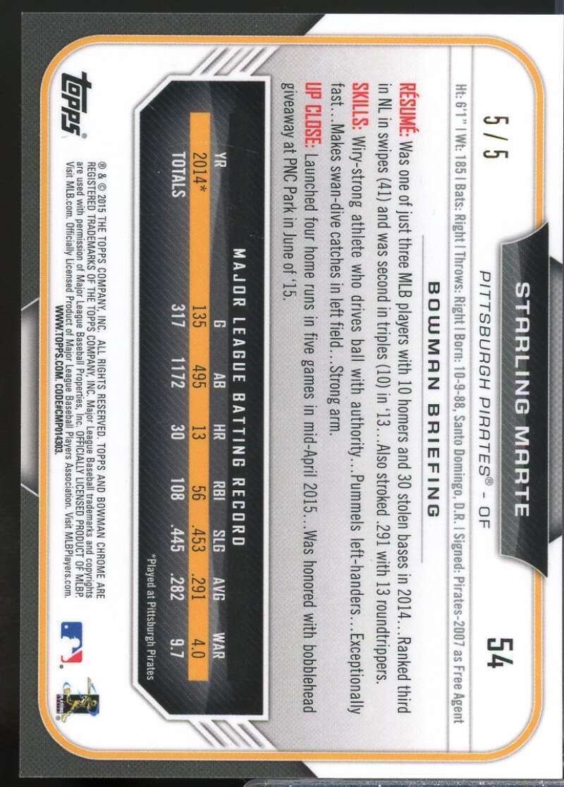 Starling Marte Card 2015 Bowman Chrome Red Refractors #54  Image 2