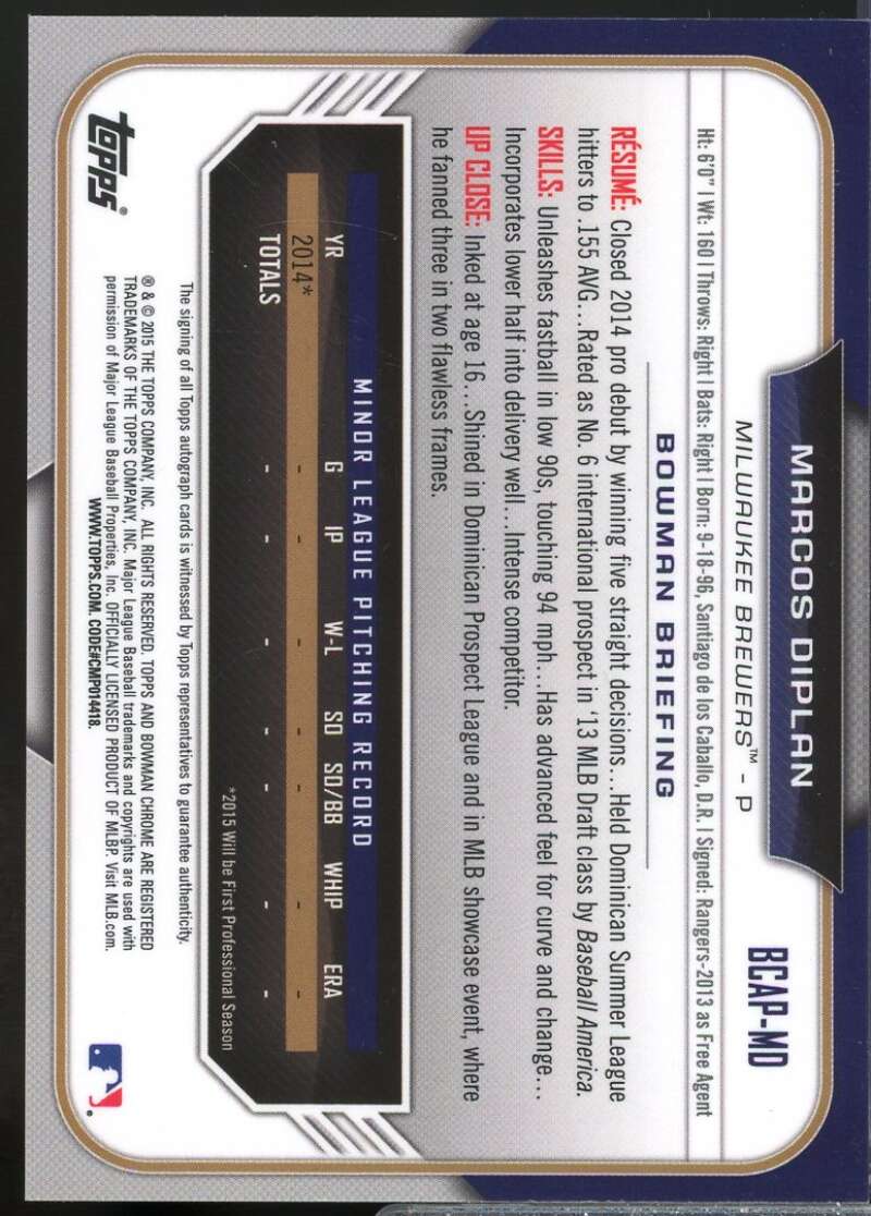 Marcos Diplan Card 2015 Bowman Chrome Prospect Autographs #BCAPMD  Image 2