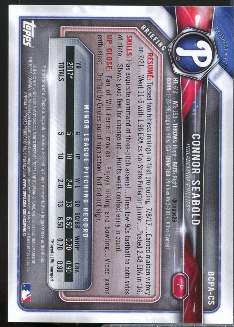 Connor Seabold Card 2018 Bowman Chrome Prospect Autographs #BCPACS  Image 2
