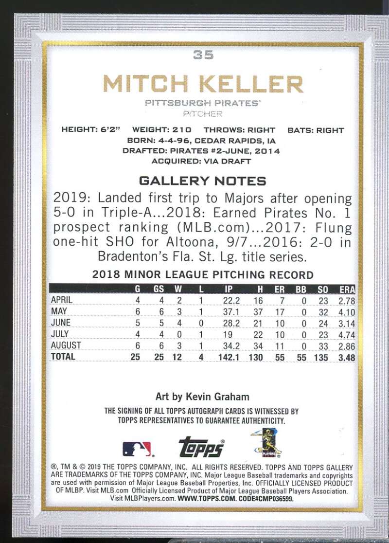 Mitch Keller Rookie Card 2019 Topps Gallery Autographs #35  Image 2