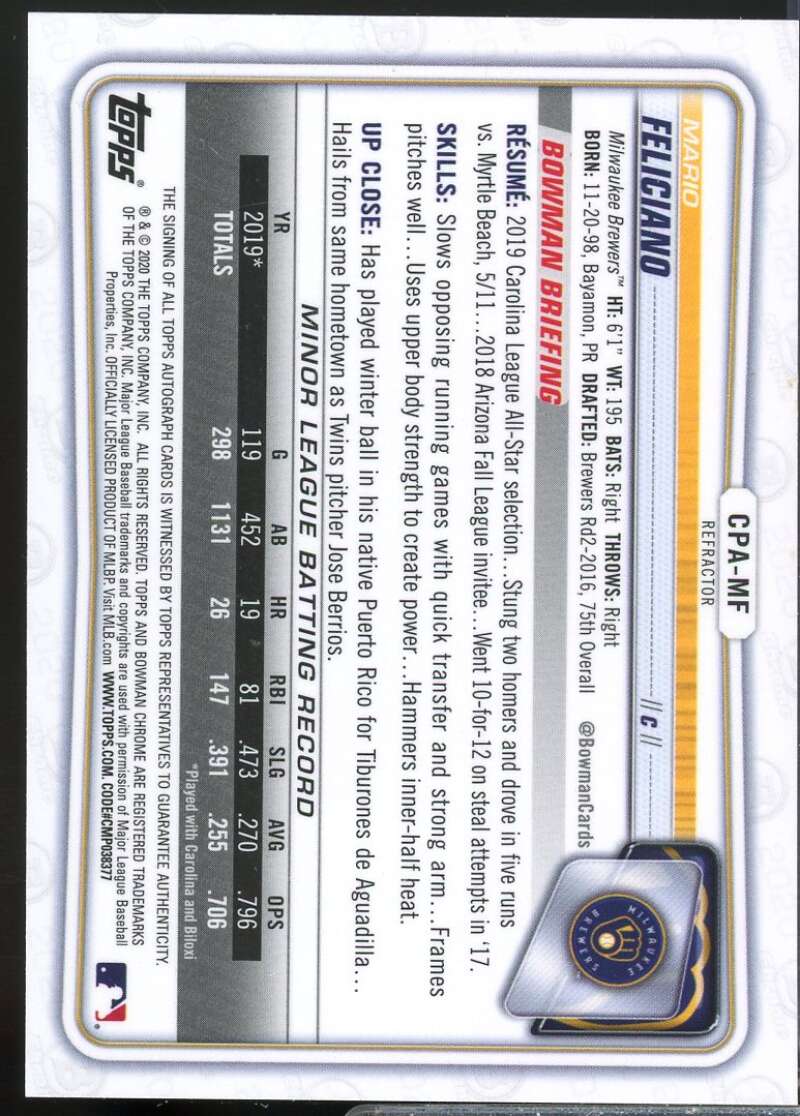 Mario Feliciano Card 2020 Bowman Chrome Prospect Autographs Refractors #CPAMF  Image 2