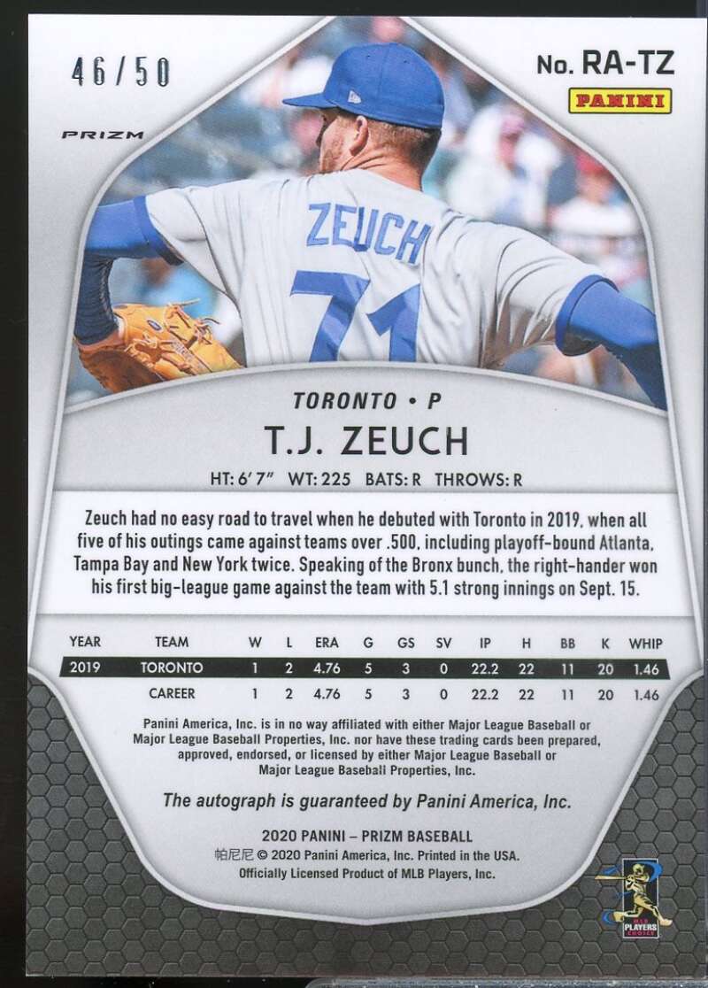 T.J. Zeuch/ Card 2020 Panini Prizm Rookie Autographs Prizms Purple #12  Image 2