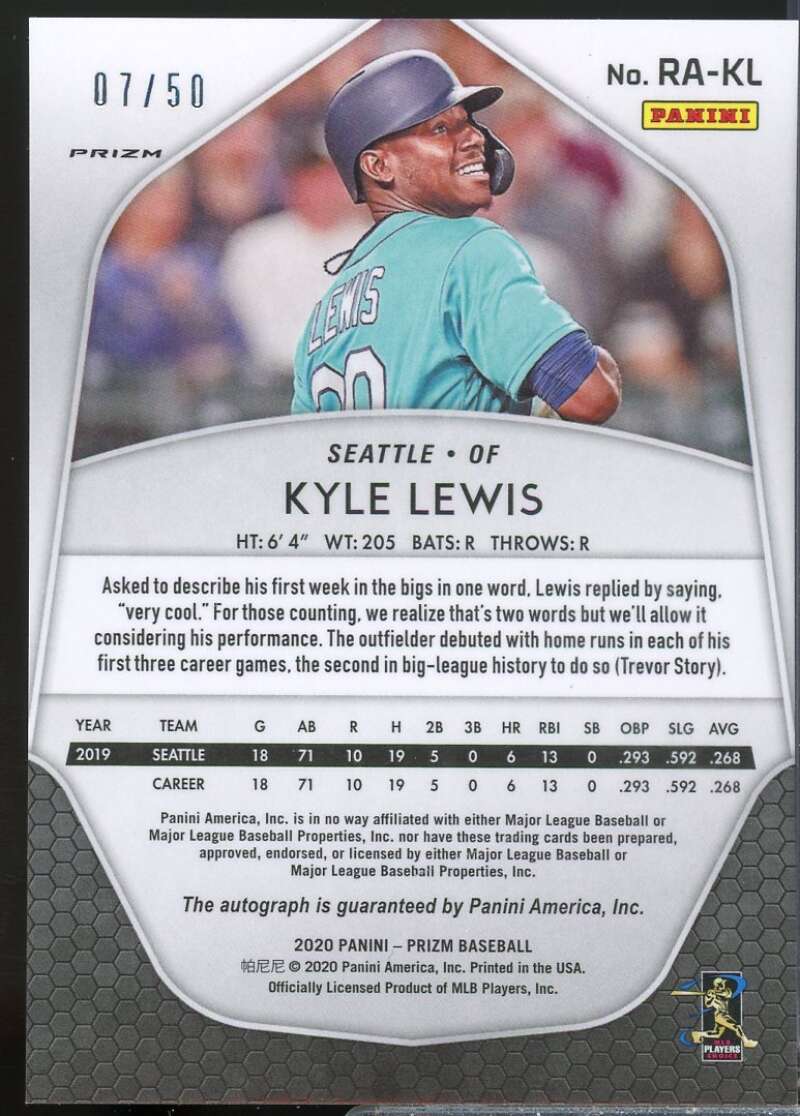 Kyle Lewis Card 2020 Panini Prizm Rookie Autographs Prizms Purple #3  Image 2