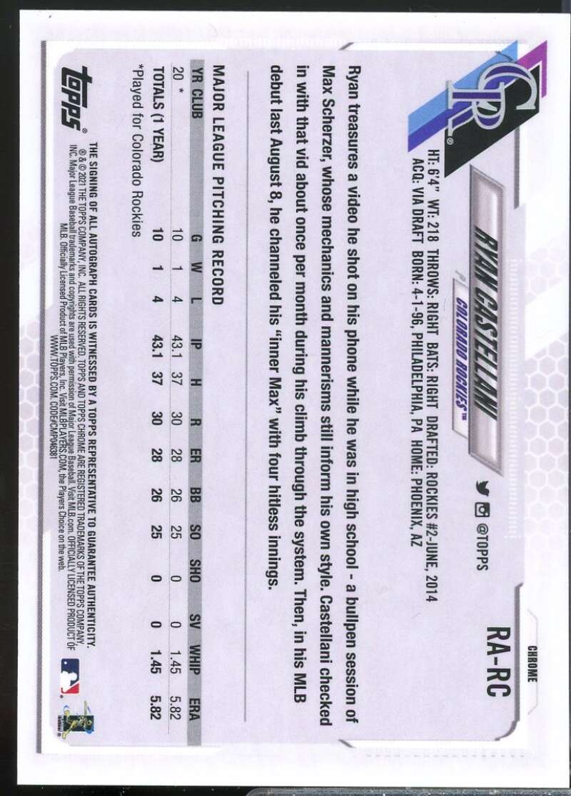 Ryan Castellani Card 2021 Topps Chrome Rookie Autographs #RARC  Image 2